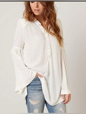 FREE PEOPLE Easy Girl Henley Bell Sleeve Boho Button Front Blouse size M